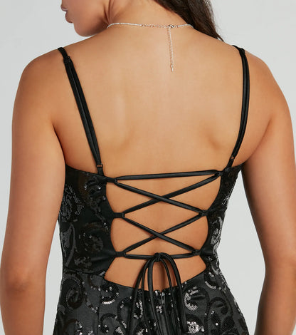 Carly Lace-Up Mermaid Sequin Satin Formal Dress